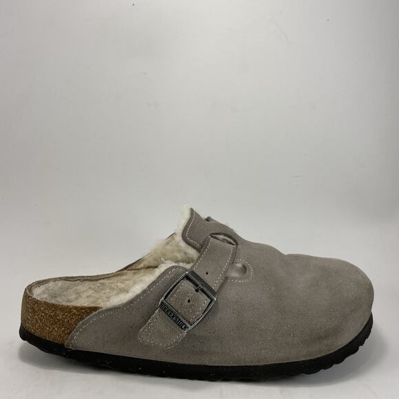 Birkenstock Shoes - Birkenstock Taupe Suede Shearling Clog Mule